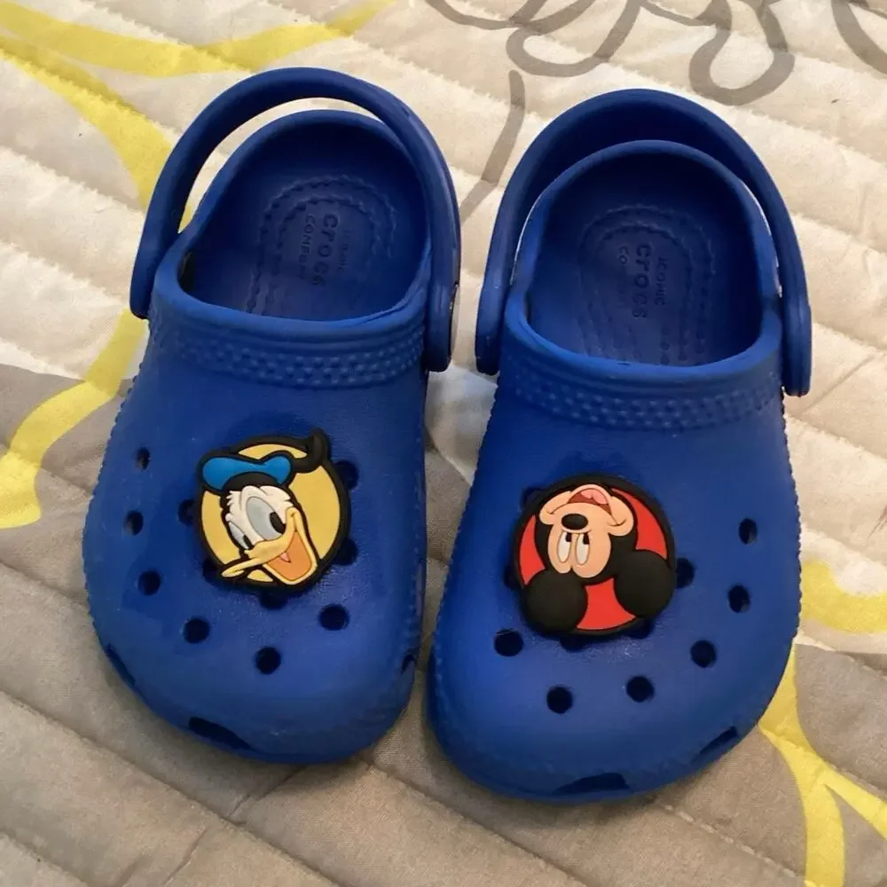 Classic Blue Crocs Clogs Disney Mickey and Donald Jibbitz shoe charms Sz 6